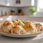 Cheesy Chicken Crescent Bake plated and baked until golden and bubbly in a home kitchen