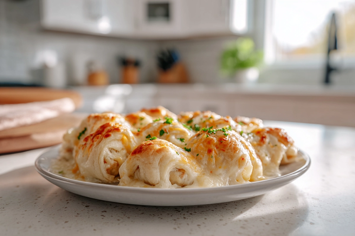 Cheesy Chicken Crescent Bake plated and baked until golden and bubbly in a home kitchen