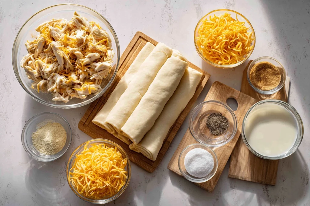 Ingredients for Cheesy Chicken Crescent Bake arranged overhead on a kitchen counter