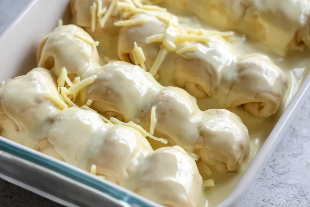 Creamy sauce poured over crescent rolls for Cheesy Chicken Crescent Bake