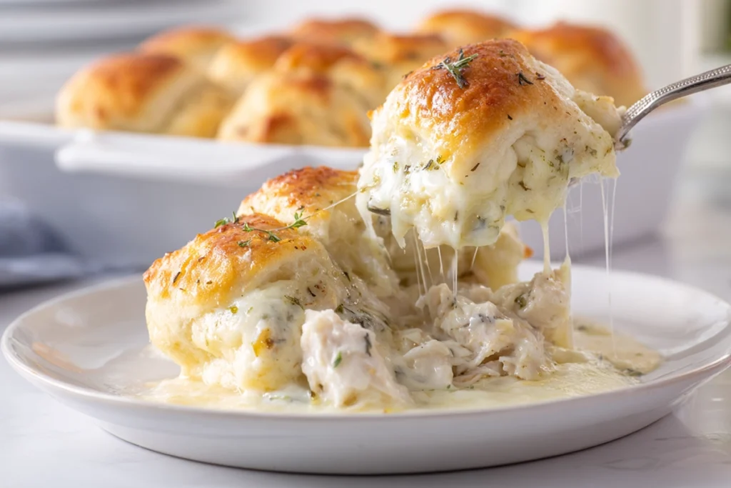 Cheesy Chicken Crescent Bake served warm with creamy chicken filling visible