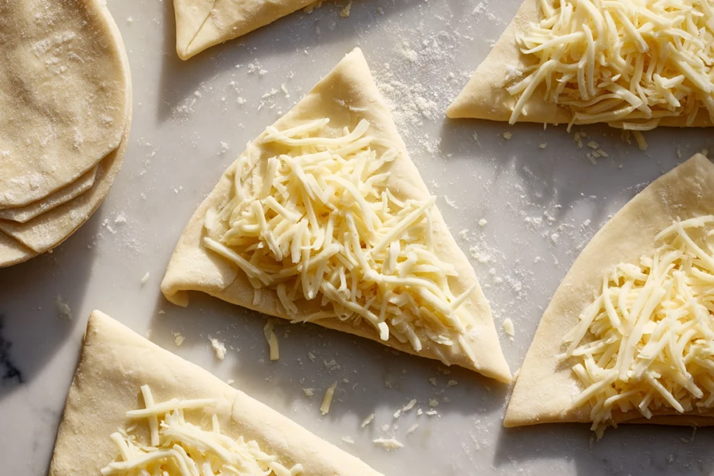 Cheesy Garlic Crescent Rolls being filled with shredded cheese before rolling