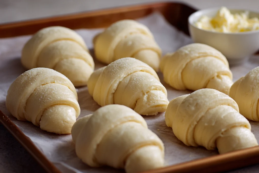 Cheesy Garlic Crescent Rolls brushed with garlic butter before baking