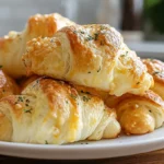Cheesy Garlic Crescent Rolls baked until golden and flaky on a white plate