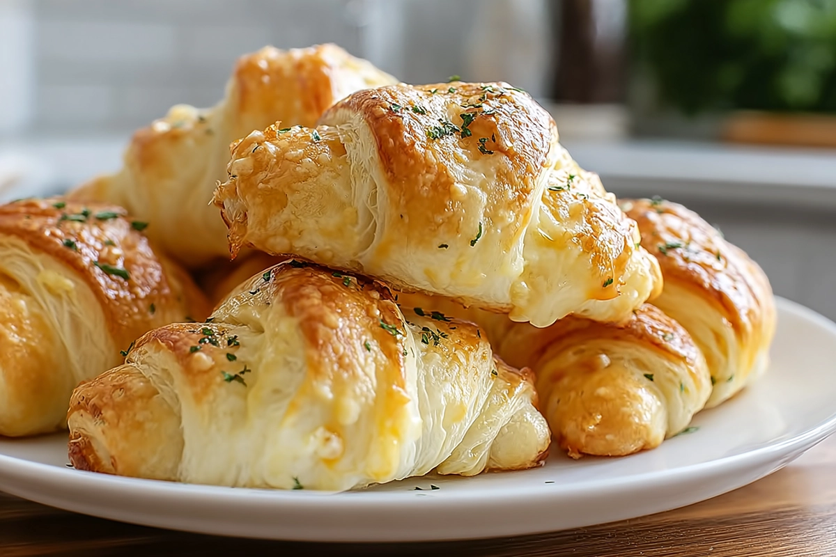 Cheesy Garlic Crescent Rolls baked until golden and flaky on a white plate