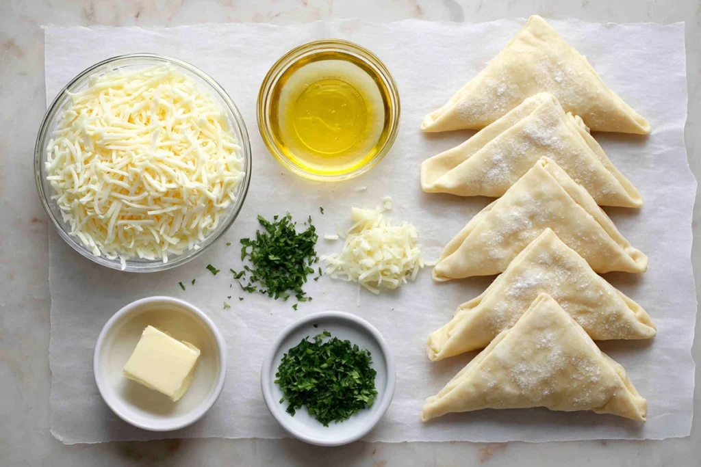 Ingredients for Cheesy Garlic Crescent Rolls arranged neatly on a kitchen counter