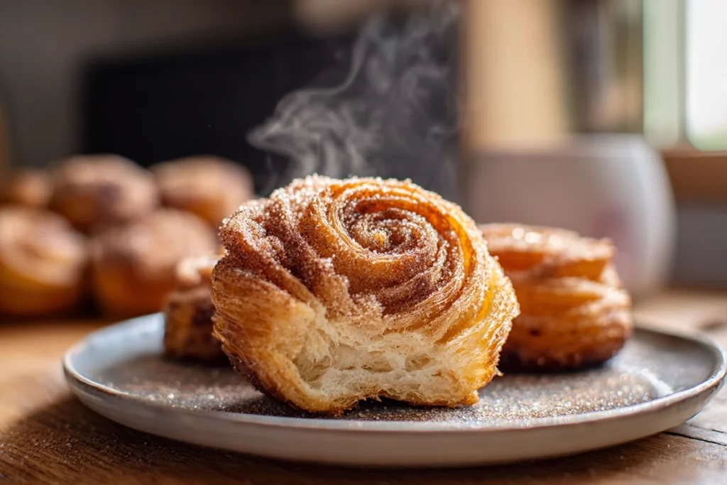 Cinnamon Sugar Cruffins pulled apart showing flaky layers
