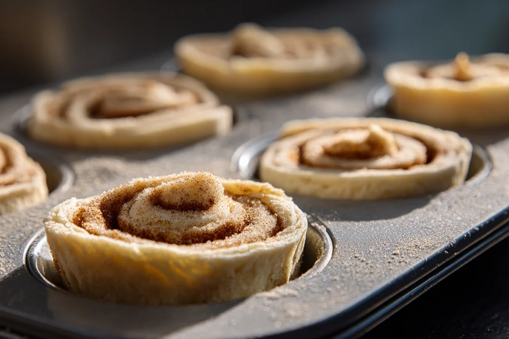 Cinnamon Sugar Cruffins shaped and ready to bake in a muffin tin