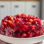 Cranberry Jello Salad served in a white bowl with cranberries pineapple and oranges
