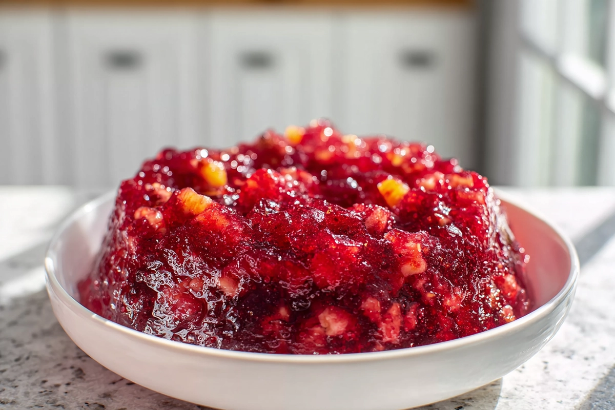 Cranberry Jello Salad served in a white bowl with cranberries pineapple and oranges