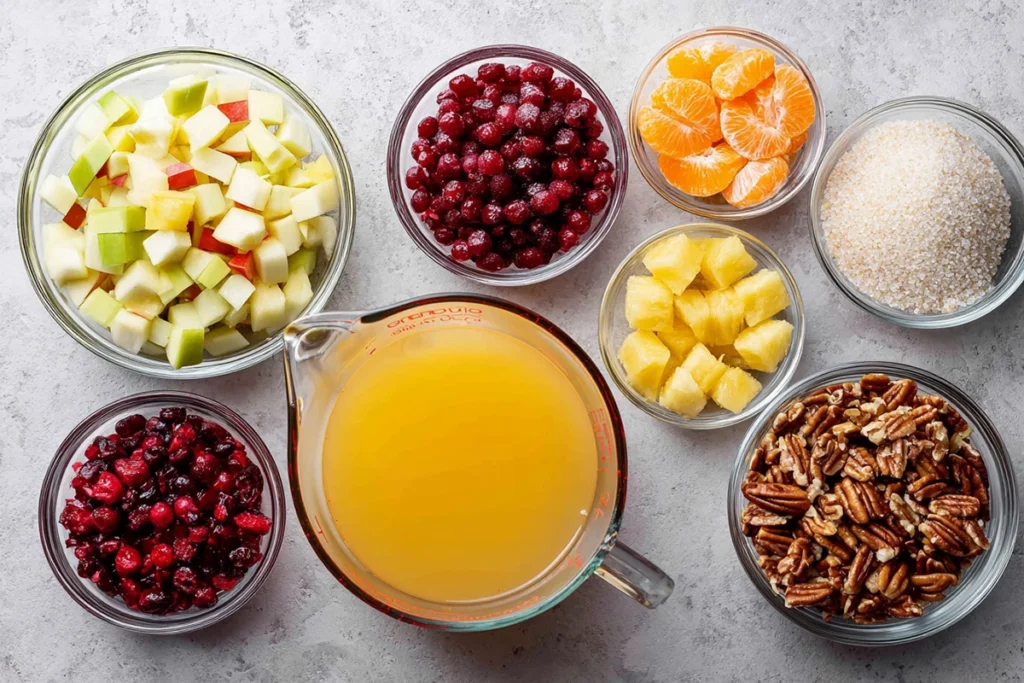 Ingredients for Cranberry Jello Salad arranged neatly on a kitchen counter