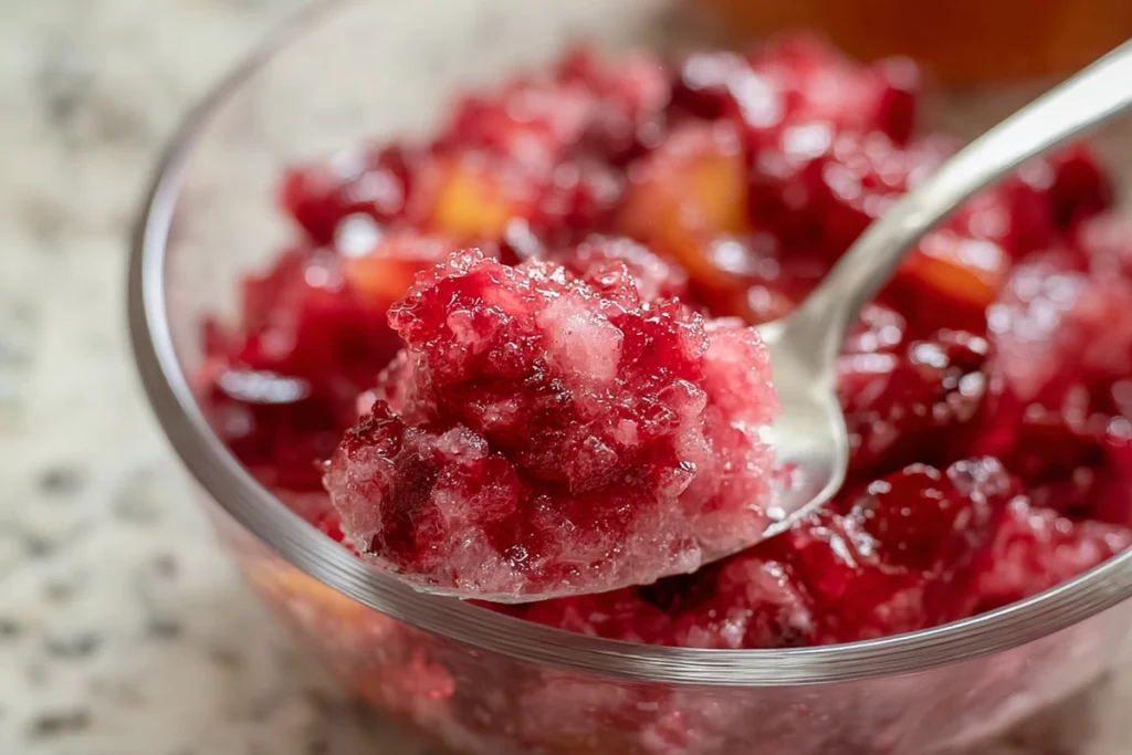 Scoop of Cranberry Jello Salad showing texture and fruit pieces
