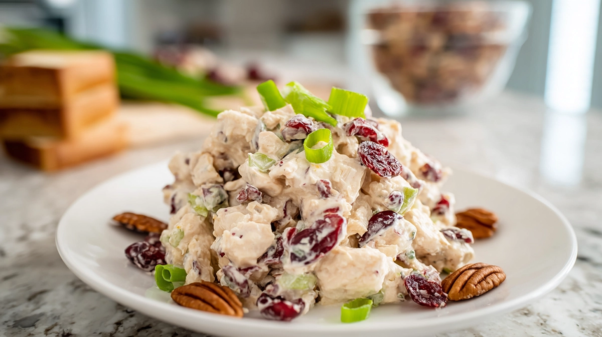 Cranberry pecan chicken salad served on a white plate in a bright home kitchen