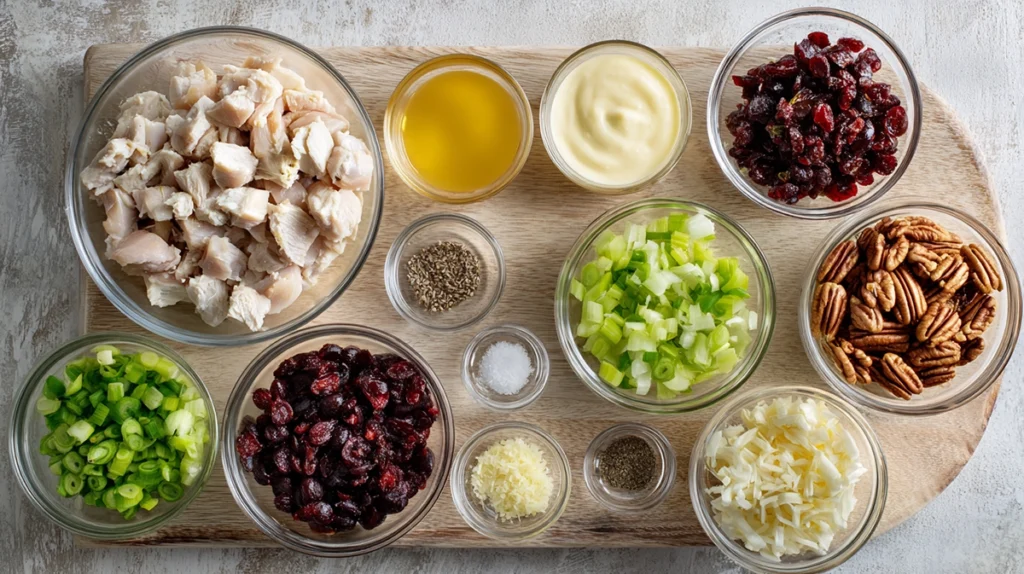Ingredients for cranberry pecan chicken salad arranged on a kitchen counter