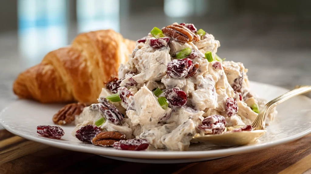 Cranberry pecan chicken salad served on a croissant in a home kitchen