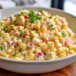 Creamy Corn Salad in a white bowl with fresh corn, red pepper, and creamy dressing