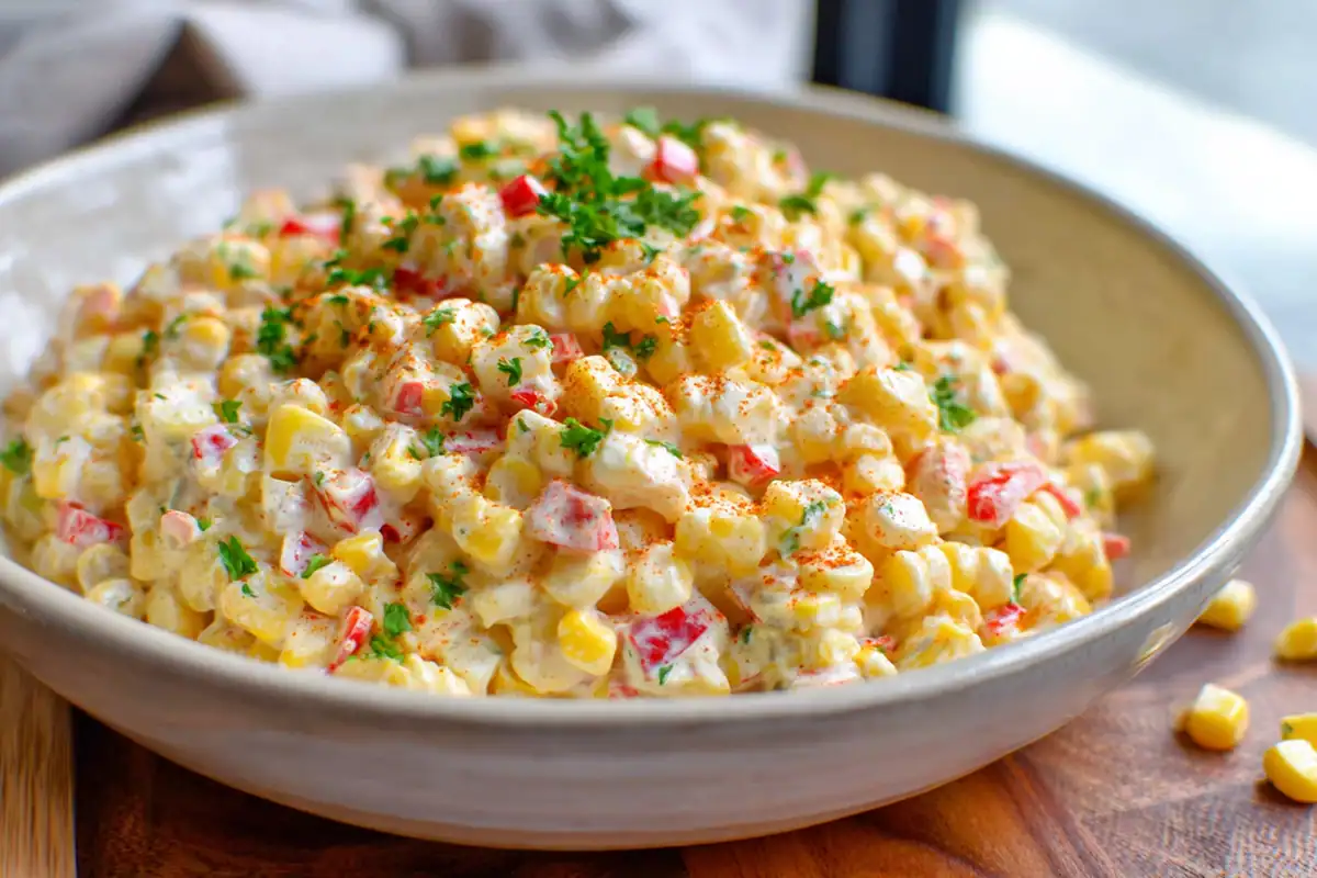 Creamy Corn Salad in a white bowl with fresh corn, red pepper, and creamy dressing