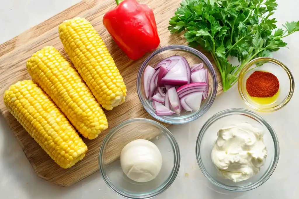 Ingredients for Creamy Corn Salad arranged on a white kitchen counter