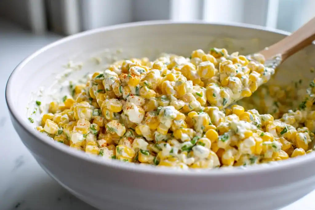 Creamy Corn Salad being mixed until evenly coated