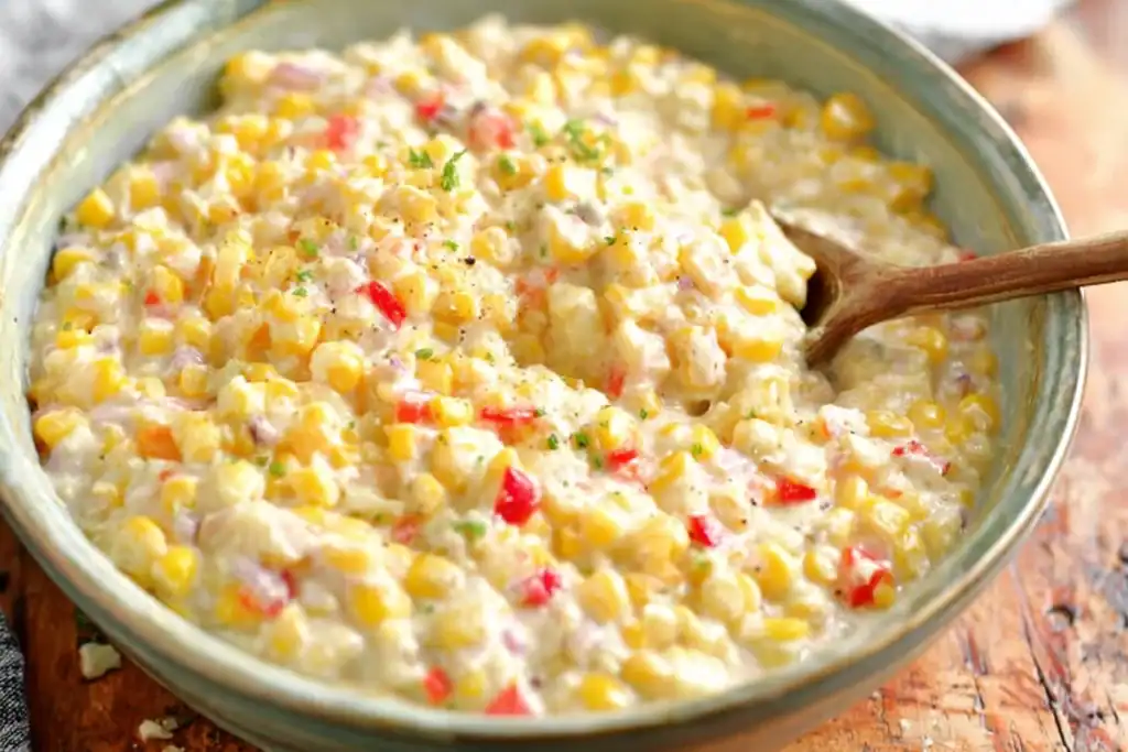 Creamy Corn Salad served cold with a spoon ready to eat