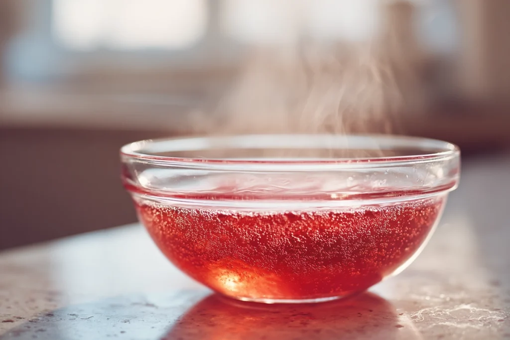 Dissolved gelatin mixture for Cranberry Jello Salad in a glass bowl