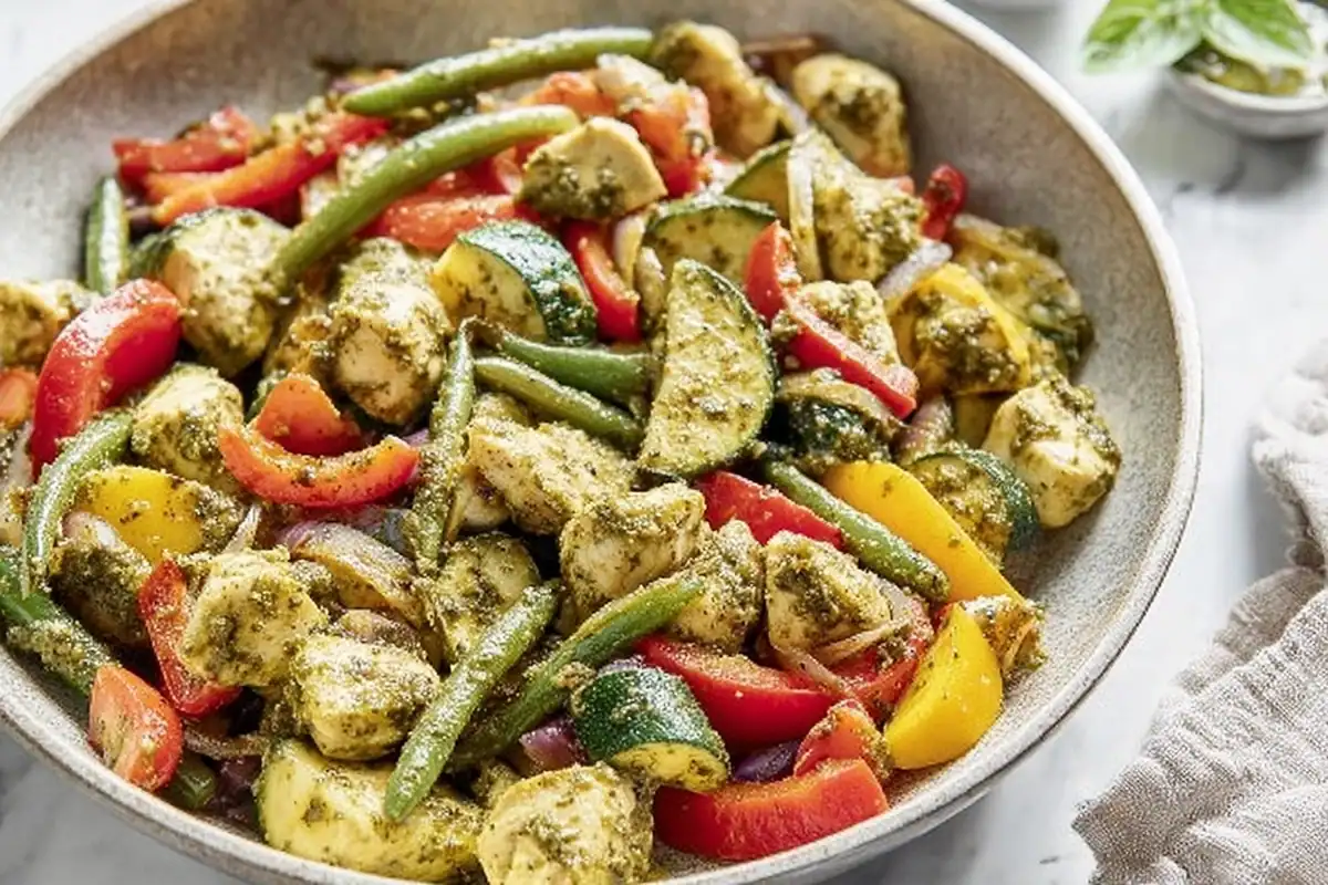 Pesto Chicken and Vegetables served warm with basil pesto and sautéed vegetables