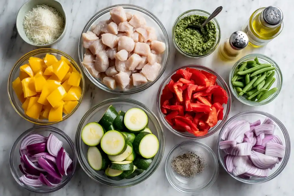 Raw ingredients for Pesto Chicken and Vegetables arranged on a white counter