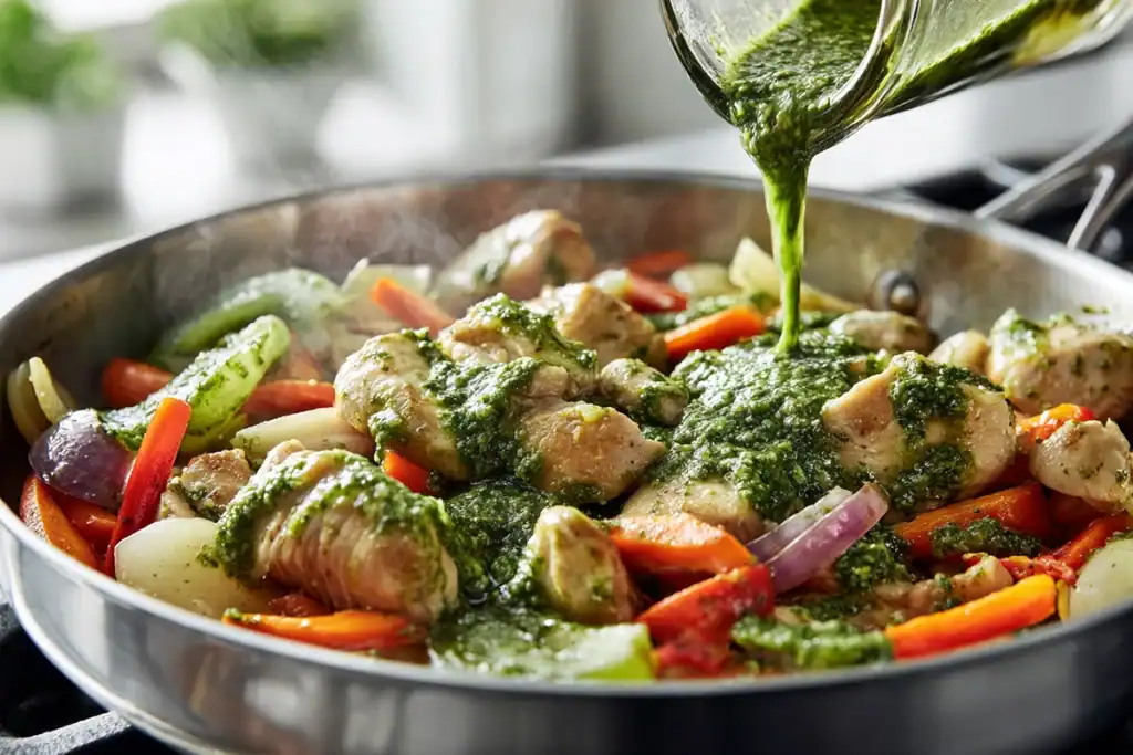 Pesto being stirred into Pesto Chicken and Vegetables off heat