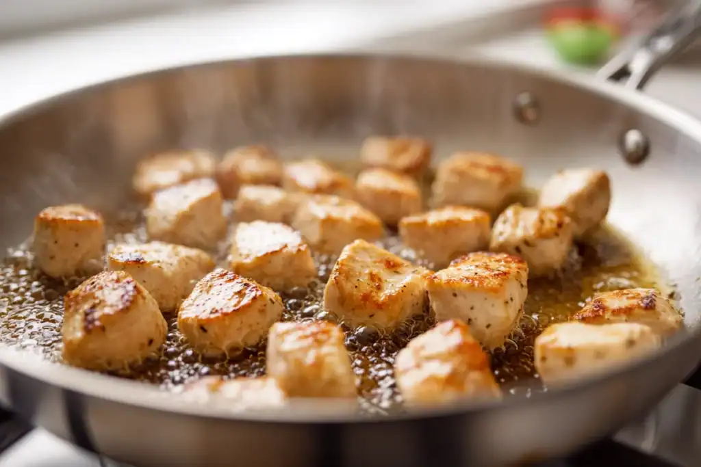 Chicken searing in a hot skillet for Pesto Chicken and Vegetables