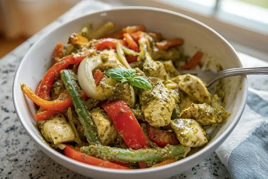 Pesto Chicken and Vegetables showing tender chicken and vegetables inside