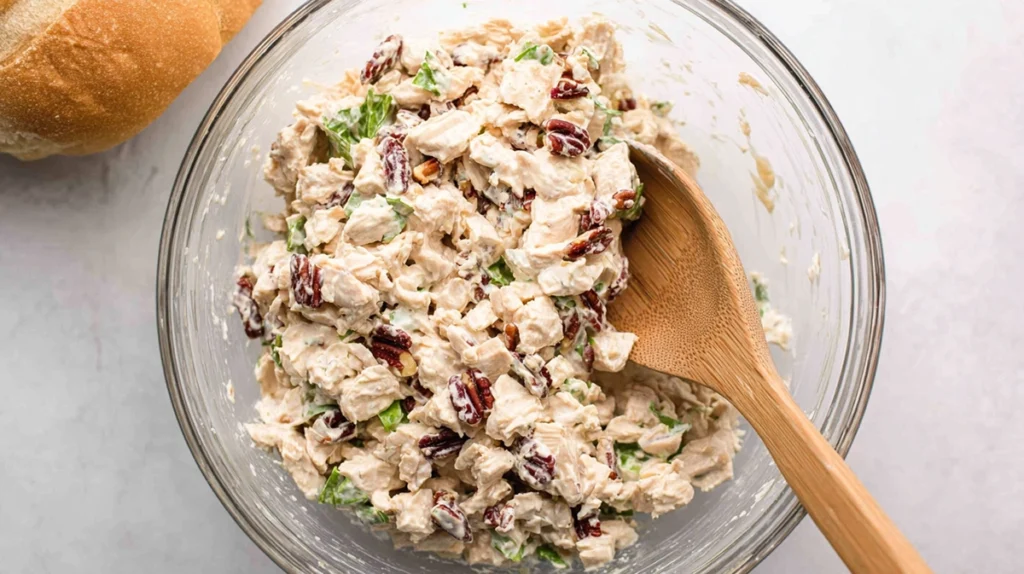 Creamy dressing being mixed into cranberry pecan chicken salad