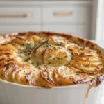 Golden Creamy Scalloped Potatoes baked until bubbly and golden on a white plate