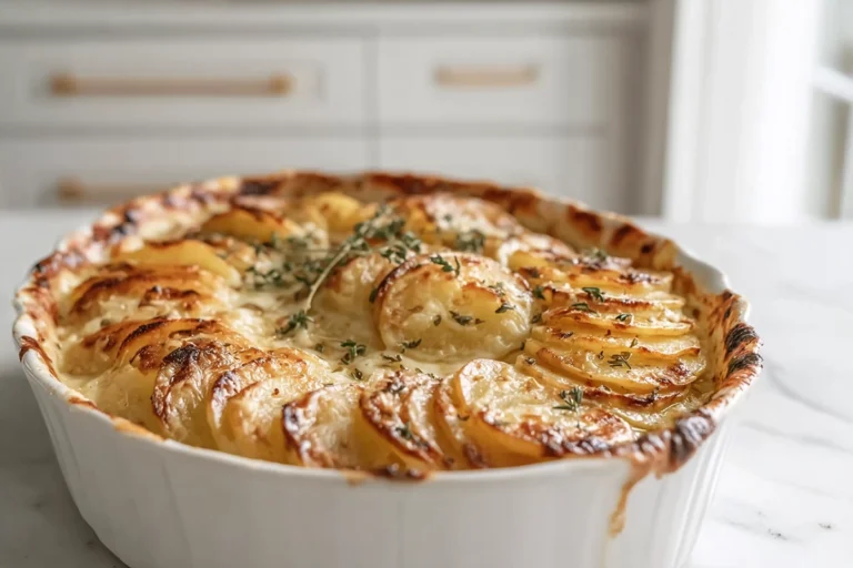 Golden Creamy Scalloped Potatoes baked until bubbly and golden on a white plate