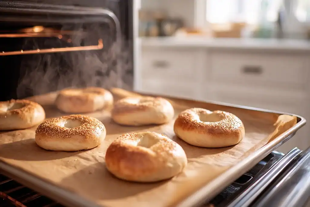 Greek Yogurt Bagels baking in the oven with golden tops forming