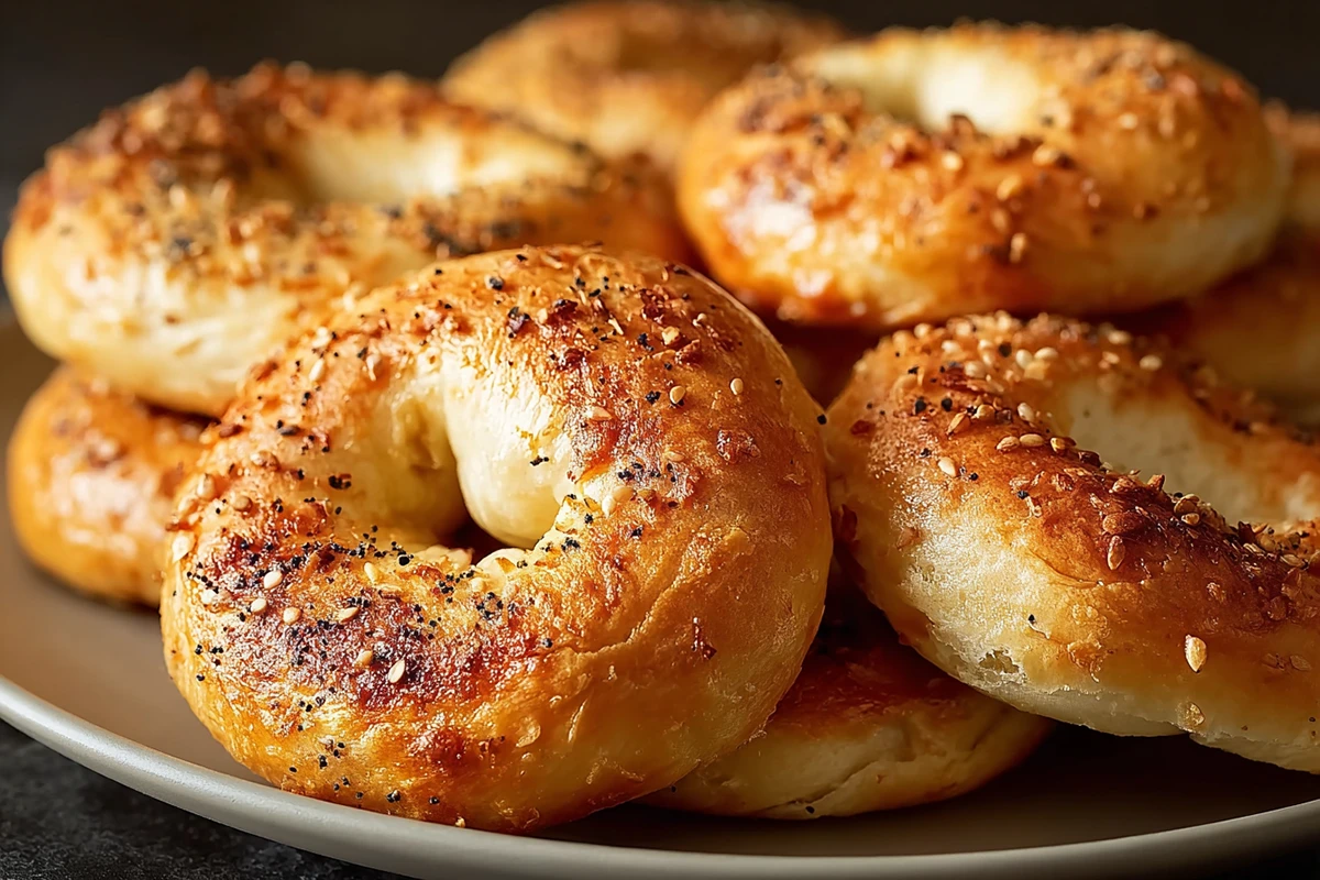 Greek Yogurt Bagels with golden crust and soft chewy interior on a plate