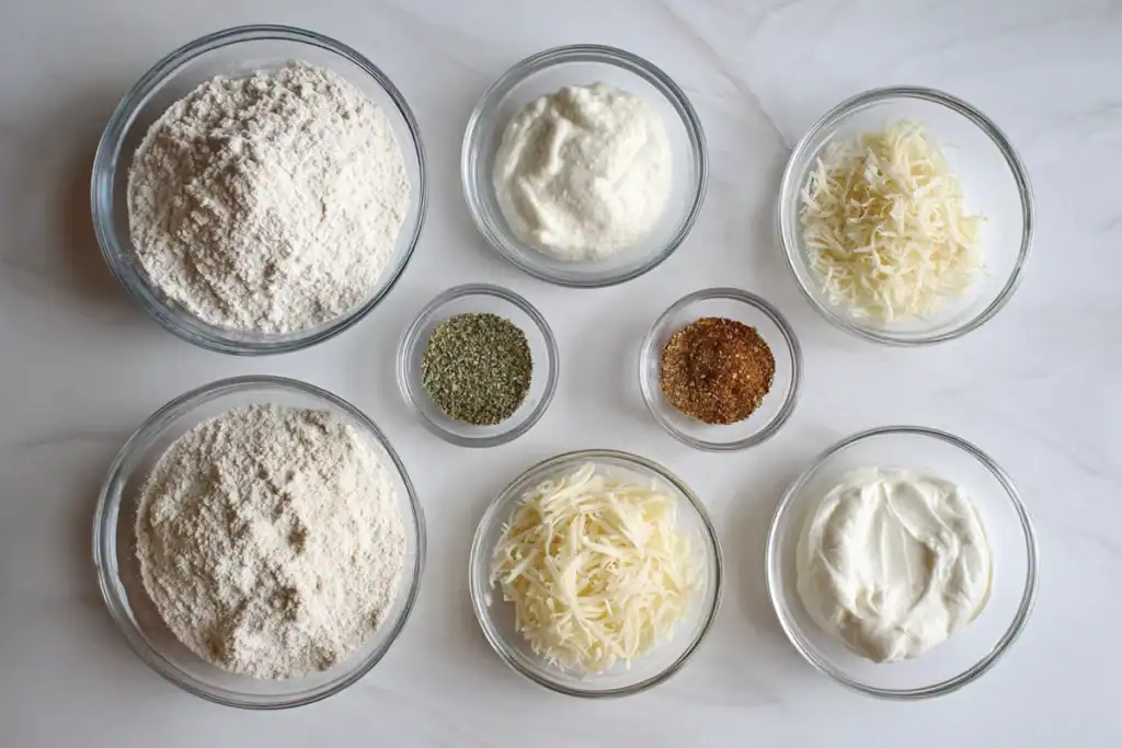 Ingredients for Greek Yogurt Bagels laid out on a kitchen counter