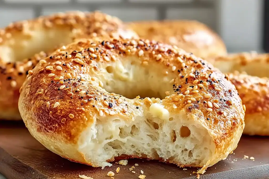 Greek Yogurt Bagels sliced open showing soft interior crumb