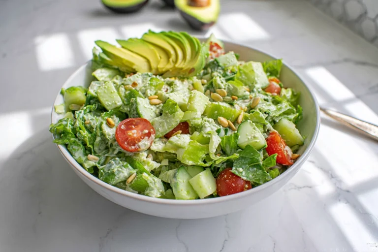 Fresh Green Goddess Salad with creamy green dressing in a white bowl