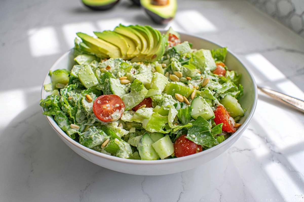 Fresh Green Goddess Salad with creamy green dressing in a white bowl