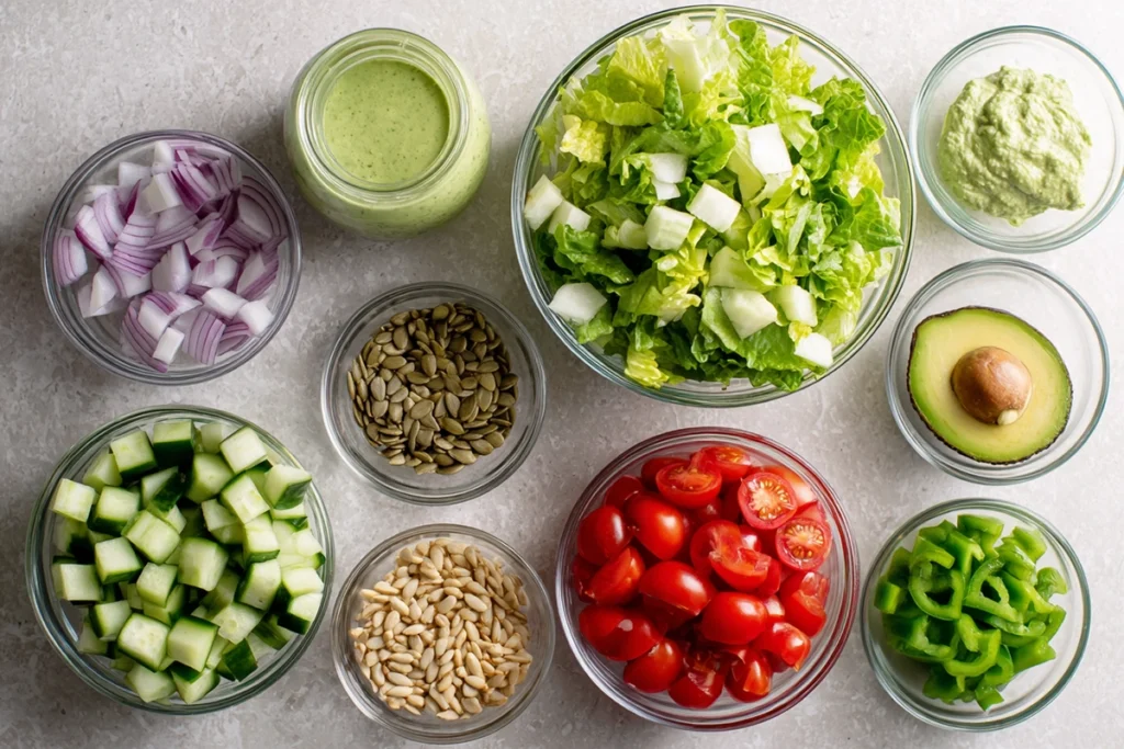 Ingredients for Green Goddess Salad arranged on a kitchen counter