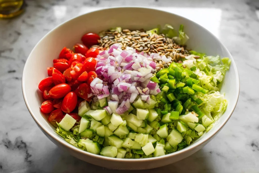 Chopped vegetables being combined for Green Goddess Salad