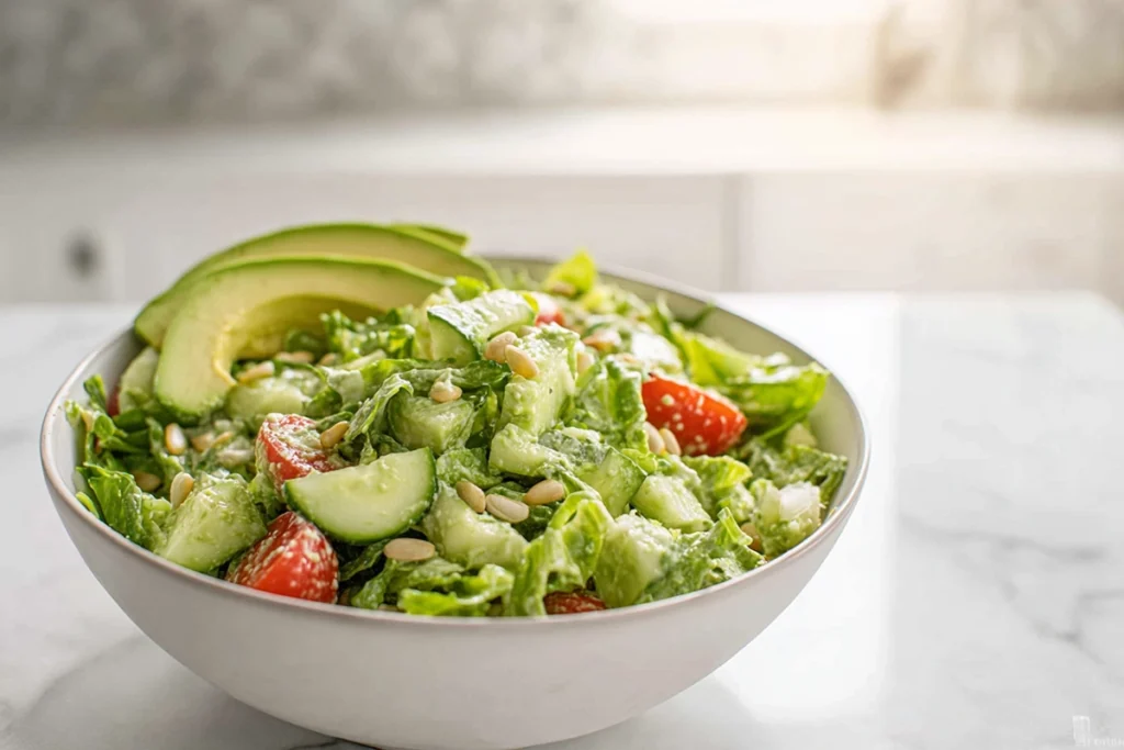 Served Green Goddess Salad ready to eat in a white bowl