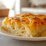 Hashbrown Casserole served on a white plate in a bright home kitchen