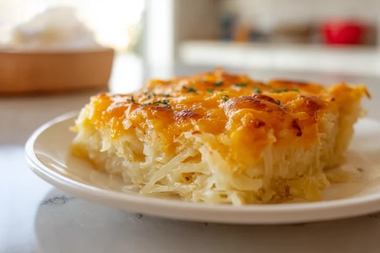 Hashbrown Casserole served on a white plate in a bright home kitchen
