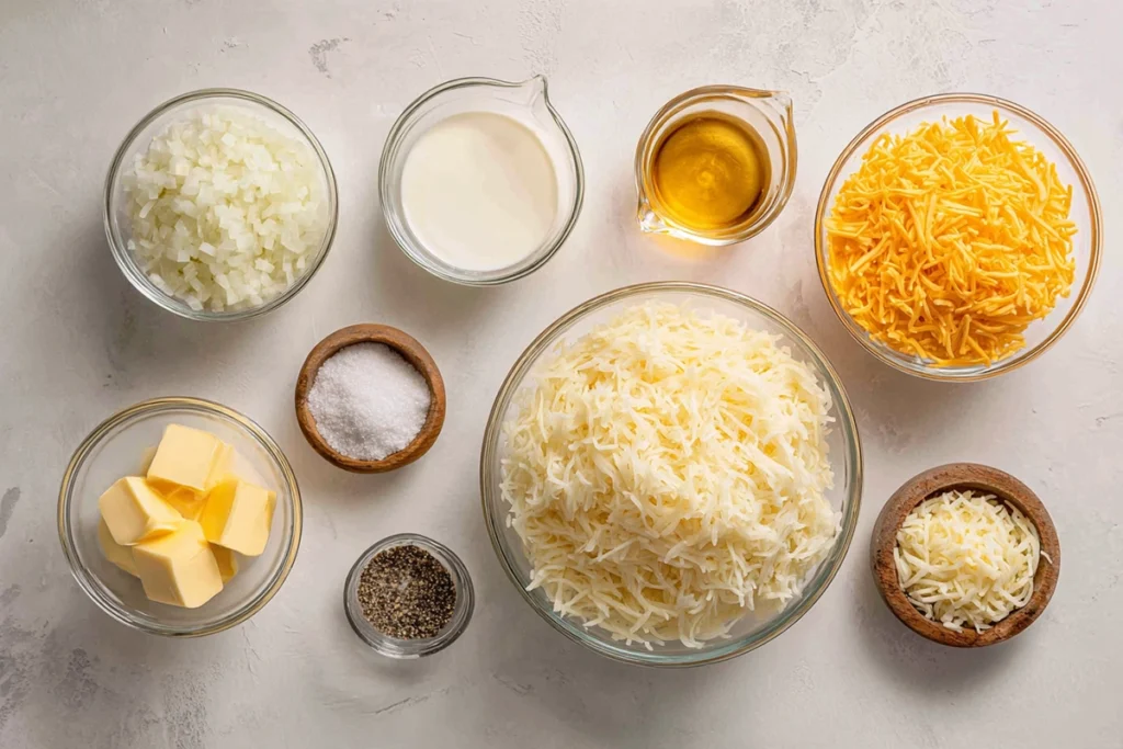 Ingredients for Hashbrown Casserole arranged overhead on a kitchen counter