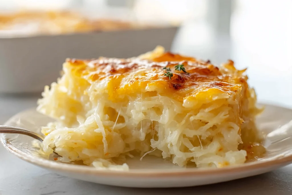 Warm Hashbrown Casserole served with melted cheese and creamy texture