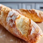 Homemade baguette with a golden crispy crust resting on a cutting board