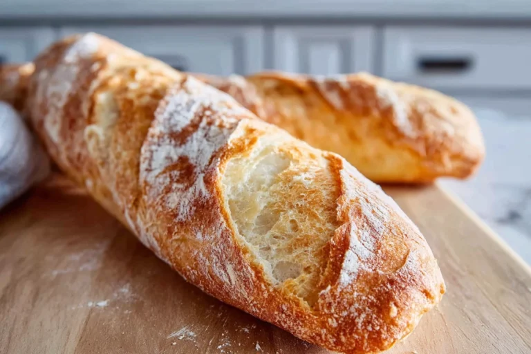 Homemade baguette with a golden crispy crust resting on a cutting board