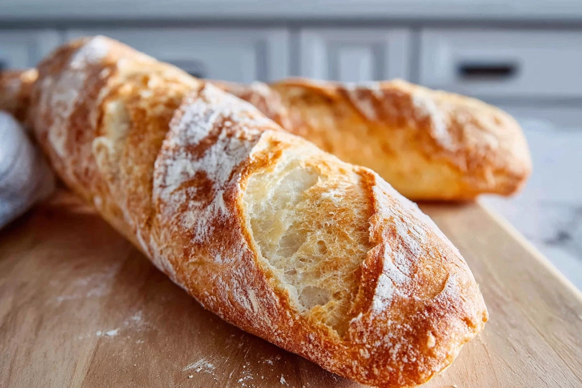 Homemade baguette with a golden crispy crust resting on a cutting board