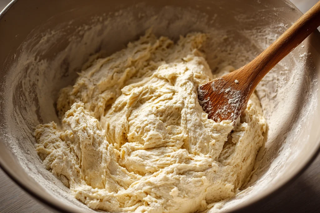 Mixing sticky no-knead dough for homemade baguette in a bowl